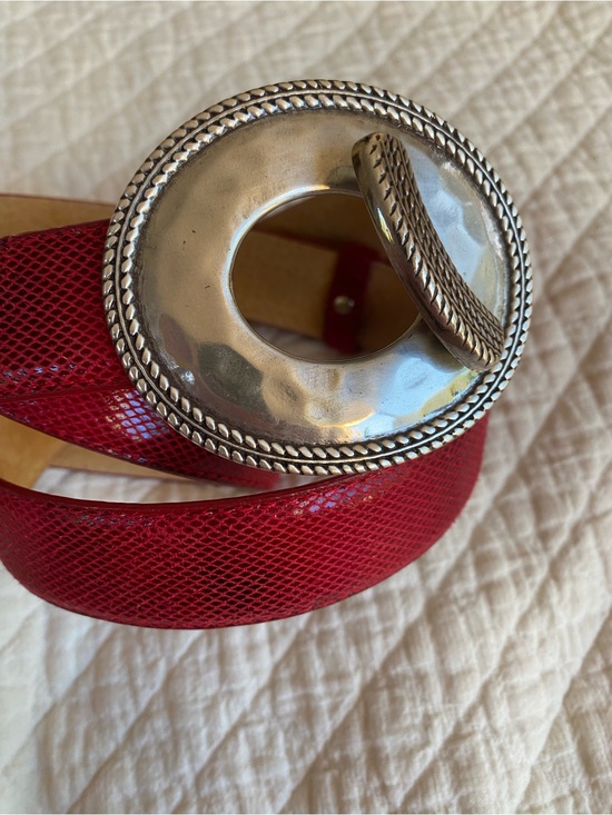 VTG Western Festival Red Snakeskin Leather Statement Belt Silver Oval Toggle XL main image 12